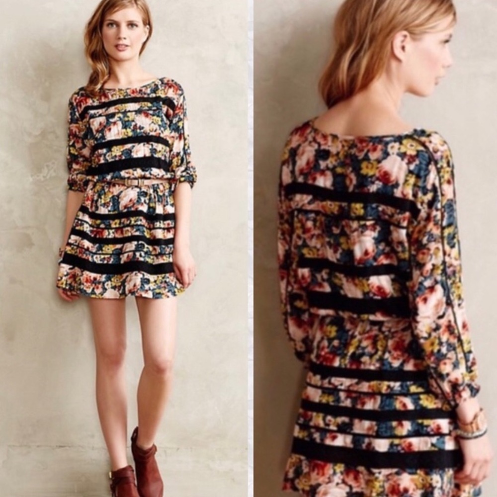 Anthropologie Floral Mini Dress with Black Stripes